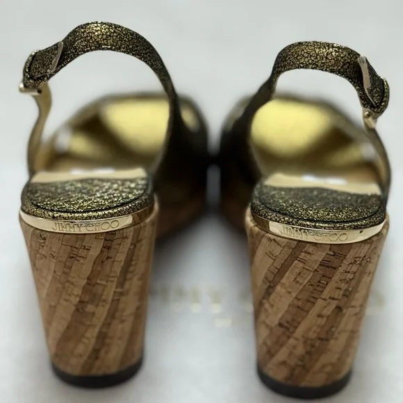 Jimmy Choo Gold Wedge Peep-Toe Sandals - Picture 4 of 6